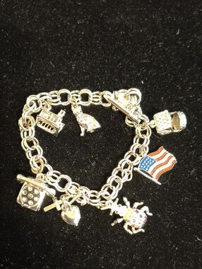Sterling Silver Charm Bracelet with Enamel American Flag And Lady Bug
